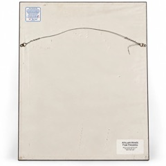 The back of the frame: cream paper backing with a hanging wire, a Tru Vue glass label and the label of Atelier Ren&eacute;e Fine Framing, Red Hook, New York.