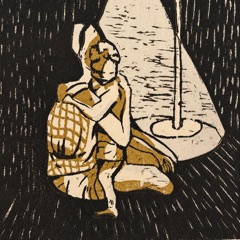 Detail of the woman and child in the lamplight, showing the carved texture of the print.