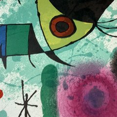 Detail of the figure’s head: a lime-green and black shape with a red-ringed black eye on a teal ground, beside a green stroke and a pink airbrushed spot.