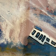 Close-up of dry, scrubbed pink and white paint over blue, with a small white building shape outlined in black.