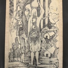A closer view of the whole drawing within its black mat, showing the dedication and signature along the bottom edge.