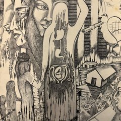 Detail of the central figure carrying the water jar, with a curled form inside her body, houses and palm trees, and a cigar-smoking man with a chart.