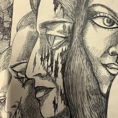 Close-up of overlapping profile faces drawn in fine cross-hatching, streaked with dripping black ink.