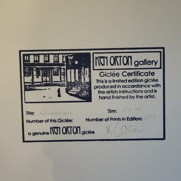 The back of the print: a Ken Orton gallery giclée certificate with the title, size, edition number and the artist&rsquo;s signature.