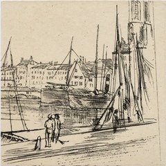 A closer view of the etched harbor scene: tall masts, a church tower and houses along the quay, with two small figures in the foreground.