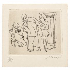 Close-up of the etching: a continuous-line drawing of a man in a suit, a woman in a hat touching his back and a seated woman holding a fan of cards, within a pressed plate mark, with the pencil number 57/65 and signature Maccari below.