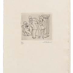 The whole sheet: the small etched scene sits in the centre of a large cream sheet with hand-torn deckled edges, folded along the right-hand side.