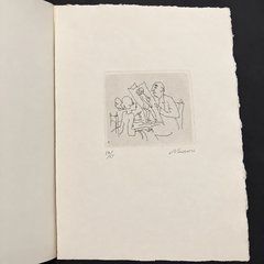 The whole cream sheet with its deckled edge, lying open beside a bound page, with the small etching in the centre and the number 57/65 and signature below.