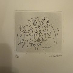 Close-up of the etching: the man with the drawing of a nude figure, the seated woman beside him, the pencil number 57/65 and the signature Maccari below.