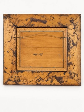 The back of the framed painting: a wooden backing board marked DGY-198, with a hanging wire.