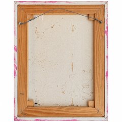 The back of the painting: pine stretcher bars with a wire for hanging, staples, and pink paint on the canvas edges.
