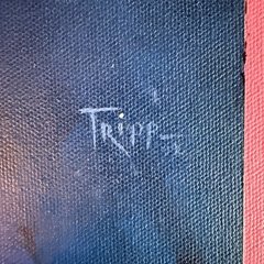 Close-up of the signature Tripp in pale paint on the deep blue ground, with a small mark after it.
