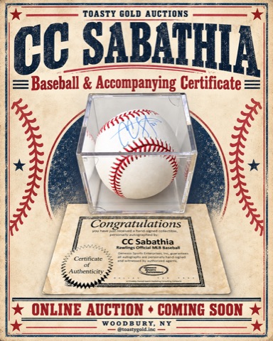Poster titled &lsquo;CC Sabathia: Baseball & Accompanying Certificate,&rsquo; showing a signed baseball in a clear display cube above its certificate of authenticity.