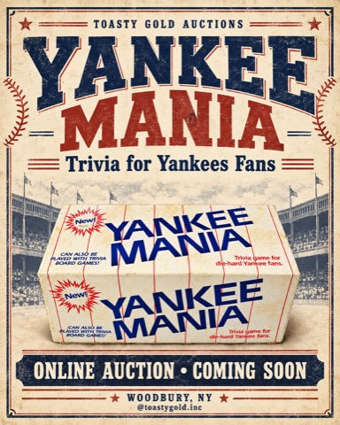 Poster titled &lsquo;Yankee Mania: Trivia for Yankees Fans,&rsquo; showing the boxed trivia game in front of a vintage stadium scene.