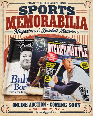 Poster titled &lsquo;Sports Memorabilia: Magazines & Baseball Memories,&rsquo; showing fanned-out magazines on Babe Ruth, Classic Moments and Mickey Mantle.
