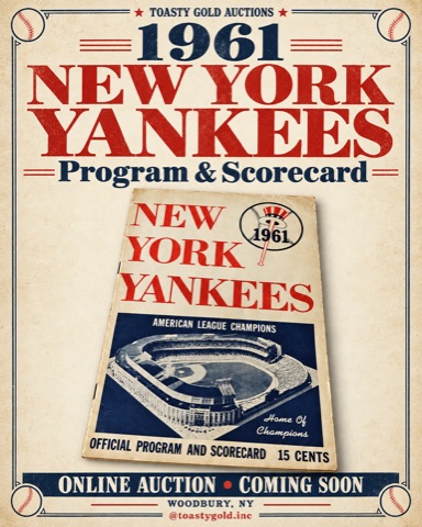 Poster titled &lsquo;1961 New York Yankees Program & Scorecard,&rsquo; showing the worn program cover with an illustration of Yankee Stadium.
