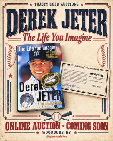 Poster titled &lsquo;Derek Jeter: The Life You Imagine,&rsquo; showing the autographed book beside its certificate of authenticity.