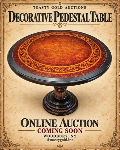 Poster titled &lsquo;Decorative Pedestal Table&rsquo;: a round table with an amber scrollwork top on a carved black pedestal.