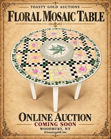 Poster titled &lsquo;Floral Mosaic Table&rsquo;: a round mosaic-topped table with checkerboard bands, pink roses and a green floral center, on white legs.