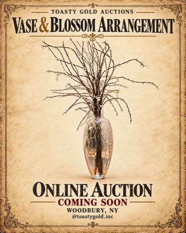 Poster titled &lsquo;Vase & Blossom Arrangement&rsquo;: a tall clear glass vase holding branches of small white blossoms.