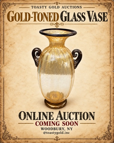 Poster titled &lsquo;Gold-Toned Glass Vase&rsquo;: a ribbed amber glass vase flecked with gold, with dark scrolled handles.