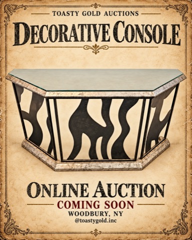 Poster titled &lsquo;Decorative Console&rsquo;: a glass-topped console with a hammered metal frame and black wavy cut-out sides.