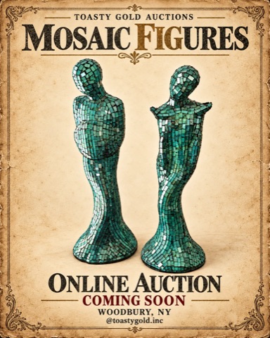 Poster titled &lsquo;Mosaic Figures&rsquo;: a pair of tall abstract figure sculptures covered in teal glass mosaic tiles.