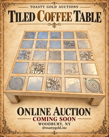 Poster titled &lsquo;Tiled Coffee Table&rsquo;: a low pale wood coffee table inset with metal tiles engraved with spirals and playful line drawings.