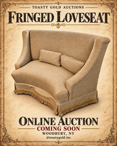 Poster titled &lsquo;Fringed Loveseat&rsquo;: a curved beige upholstered loveseat with two cushions and a tasseled fringe.