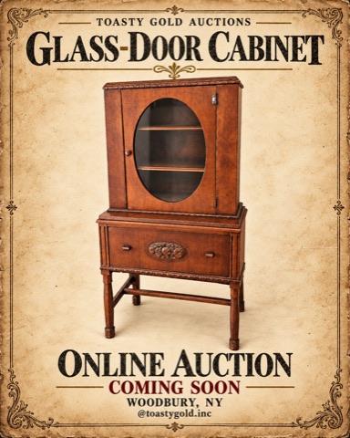 Poster titled &lsquo;Glass-Door Cabinet&rsquo;: a small vintage wood cabinet with an oval glass door above a drawer with a carved floral medallion.