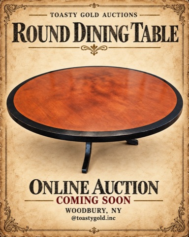 Poster titled &lsquo;Round Dining Table&rsquo;: a round wood dining table with a black border and black pedestal legs.