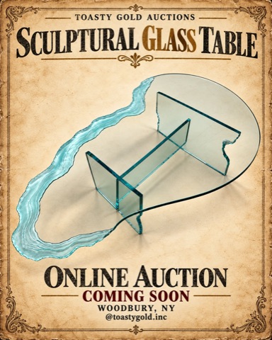 Poster titled &lsquo;Sculptural Glass Table&rsquo;: a free-form glass coffee table with a rippled edge on crossed glass supports.