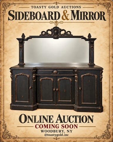 Poster titled &lsquo;Sideboard & Mirror&rsquo;: an ornate distressed black sideboard with carved details and a tall mirror back.