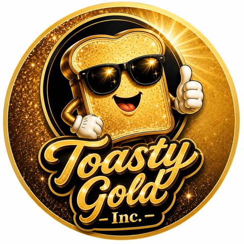 Toasty Gold Inc. logo: a smiling slice of golden toast in sunglasses giving a thumbs-up, on a round gold glitter badge.