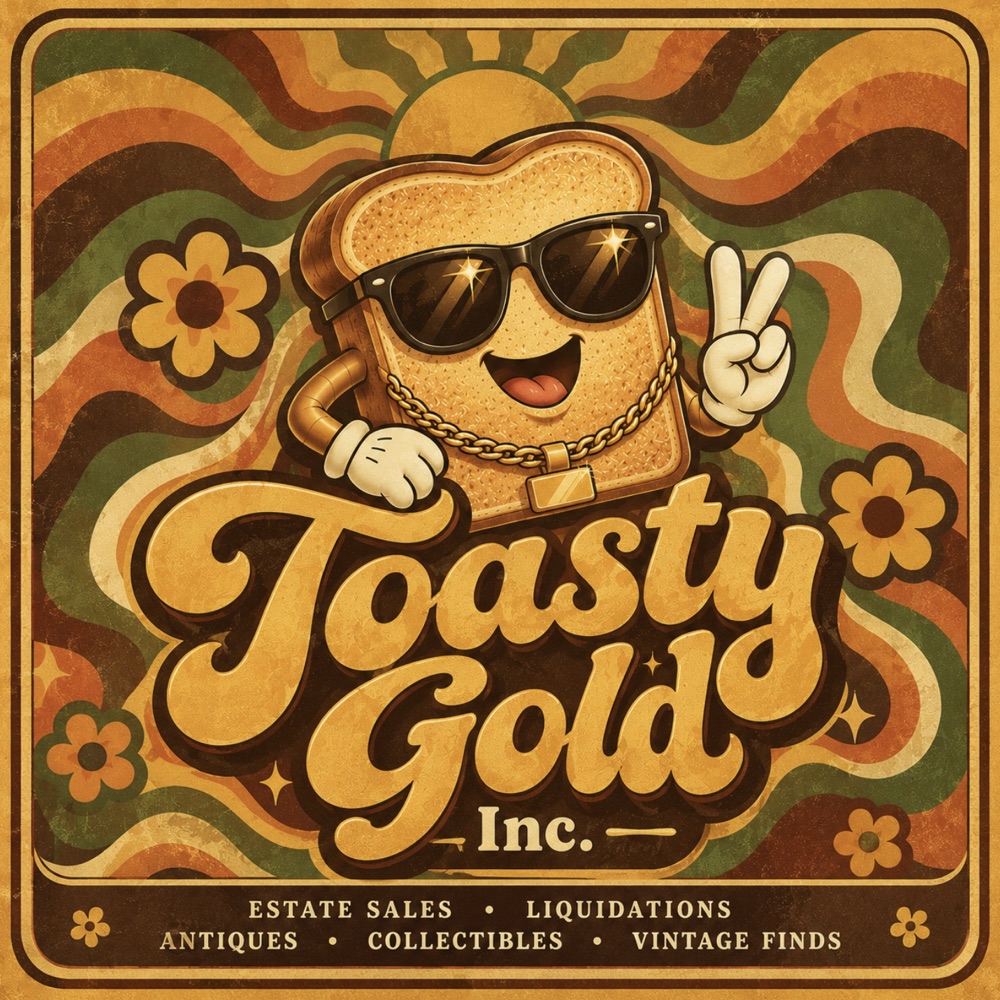 Toasty Gold Inc. retro logo: a smiling slice of toast in sunglasses and a gold chain giving a peace sign, over swirling 1970s-style stripes and flowers, above the words Estate Sales, Liquidations, Antiques, Collectibles, Vintage Finds.