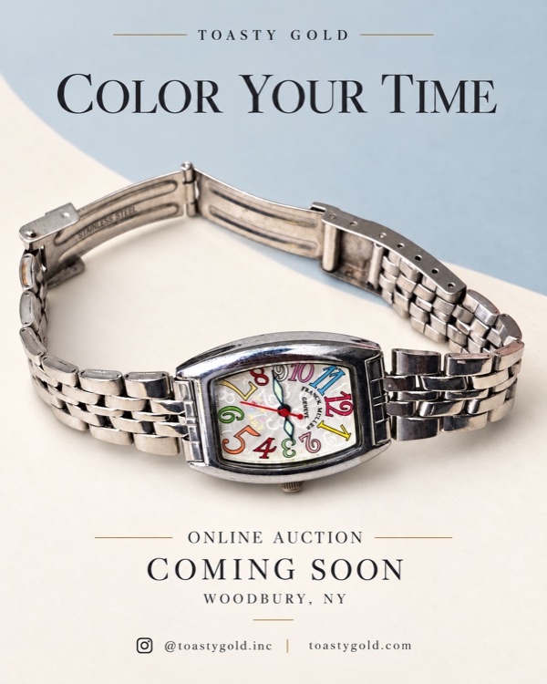 Poster titled &lsquo;Color Your Time&rsquo; showing a Franck Muller watch with a barrel-shaped steel case, a link bracelet and bright multicolored numerals.