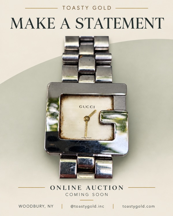 Poster titled &lsquo;Make a Statement&rsquo; showing a polished steel Gucci watch with a G-shaped case around a square cream dial.