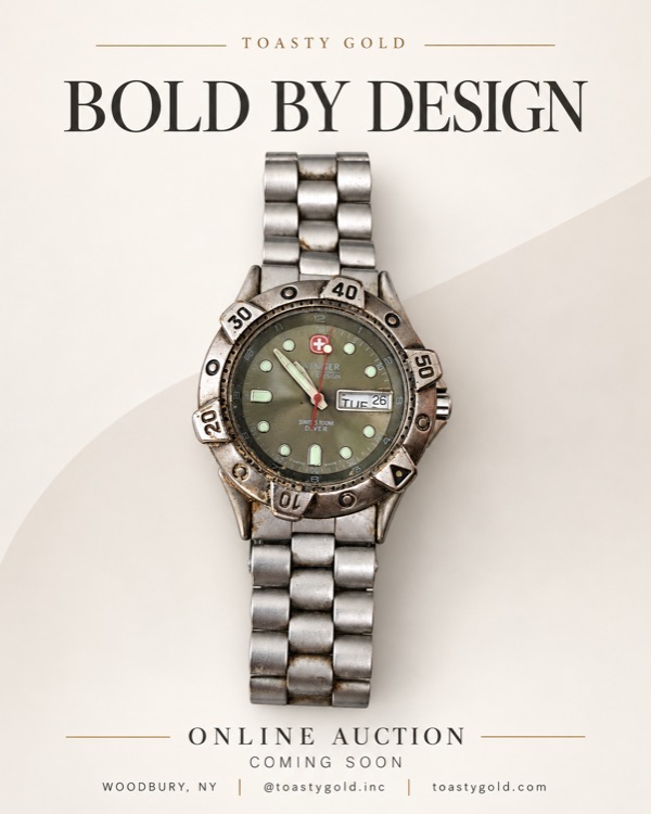 Poster titled &lsquo;Bold by Design&rsquo; showing a Wenger sport watch with a green dial, numbered bezel, day/date window and steel bracelet.