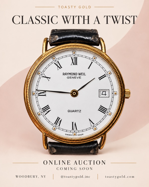 Poster titled &lsquo;Classic with a Twist&rsquo; showing a gold-tone Raymond Weil watch with a white Roman-numeral dial, date window and black leather strap.