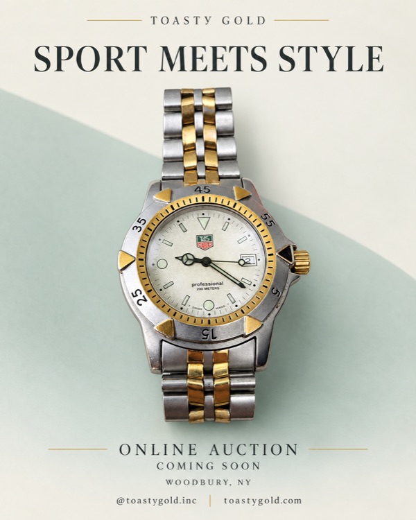 Poster titled &lsquo;Sport Meets Style&rsquo; showing a two-tone TAG Heuer Professional dive watch with a numbered gold bezel and white dial.